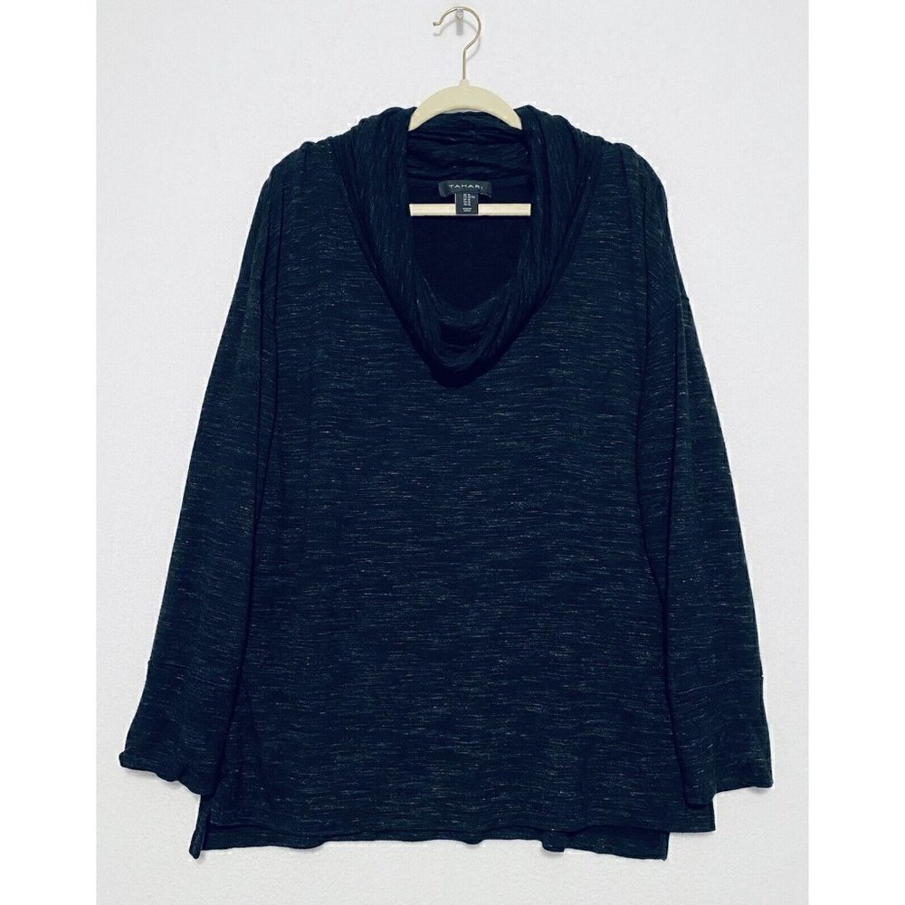 Tahari Sweater Size XL Black Space Dye Cowl Neck Pullover Comfy Cozy Boho